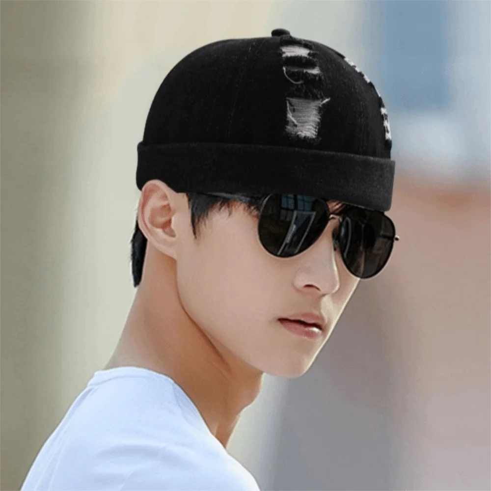 

Simple Denim Brimless Hat Old Holes Solid Color Melon Docker Cap without Visor Dome Bucket Cap Outdoor