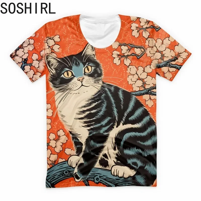 Funny Japanese Ukiyo-e Cat Art Vintage T Shirt Kawaii Harajuku Streetwear Anime Short Sleeve Summer Couple T-shirts Casual Tops