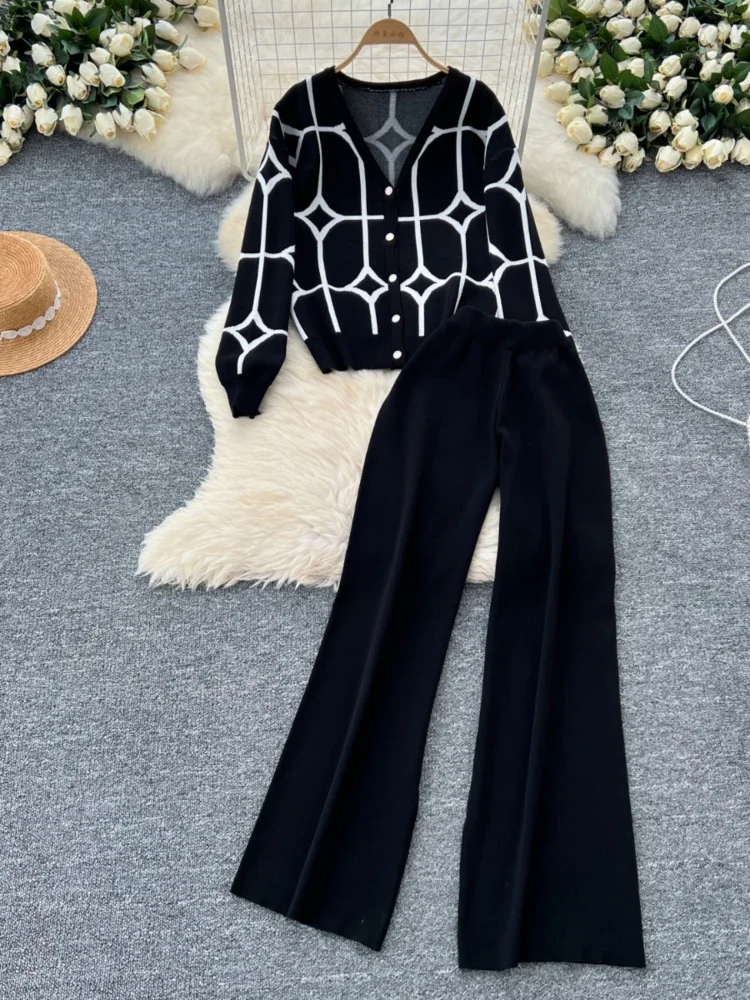 Knitted Two Piece Sets Women Autumn Winter Vintage Long Sleeved Printed Knitted Cardigan Sweater Wide Leg Pants Tracksuits