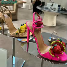 Gullick Colorful Lace Up Sandals Stiletto Open Toe Thin Heels Solid Woven Fruit Women Dress Shoes New Arrivals - AliExpress 