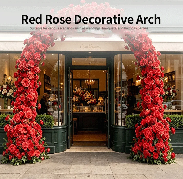 Roter künstlicher Rosen-Blumenläufer für Hochzeitsgang, Blumenarrangement für Outdoor-Rasenzeremonien, Straßenblumen für Events, Party-Gehwegdekoration – Detail 1