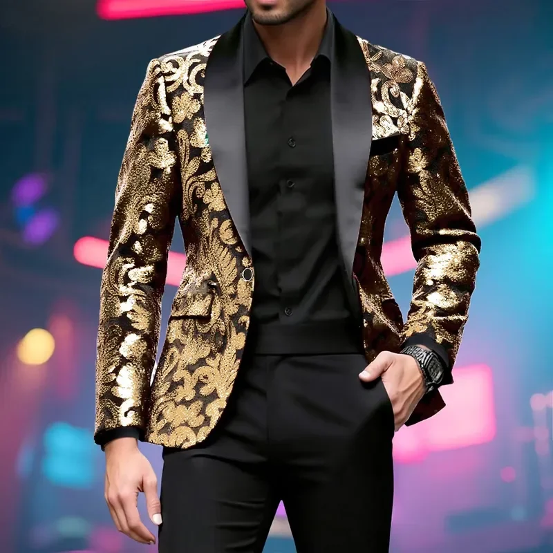 Men Shiny Sequin Single Button Suit Jacket Stage Performance Blazer Blue Gold Green Purple Red Formal Party Wedding Outerwear