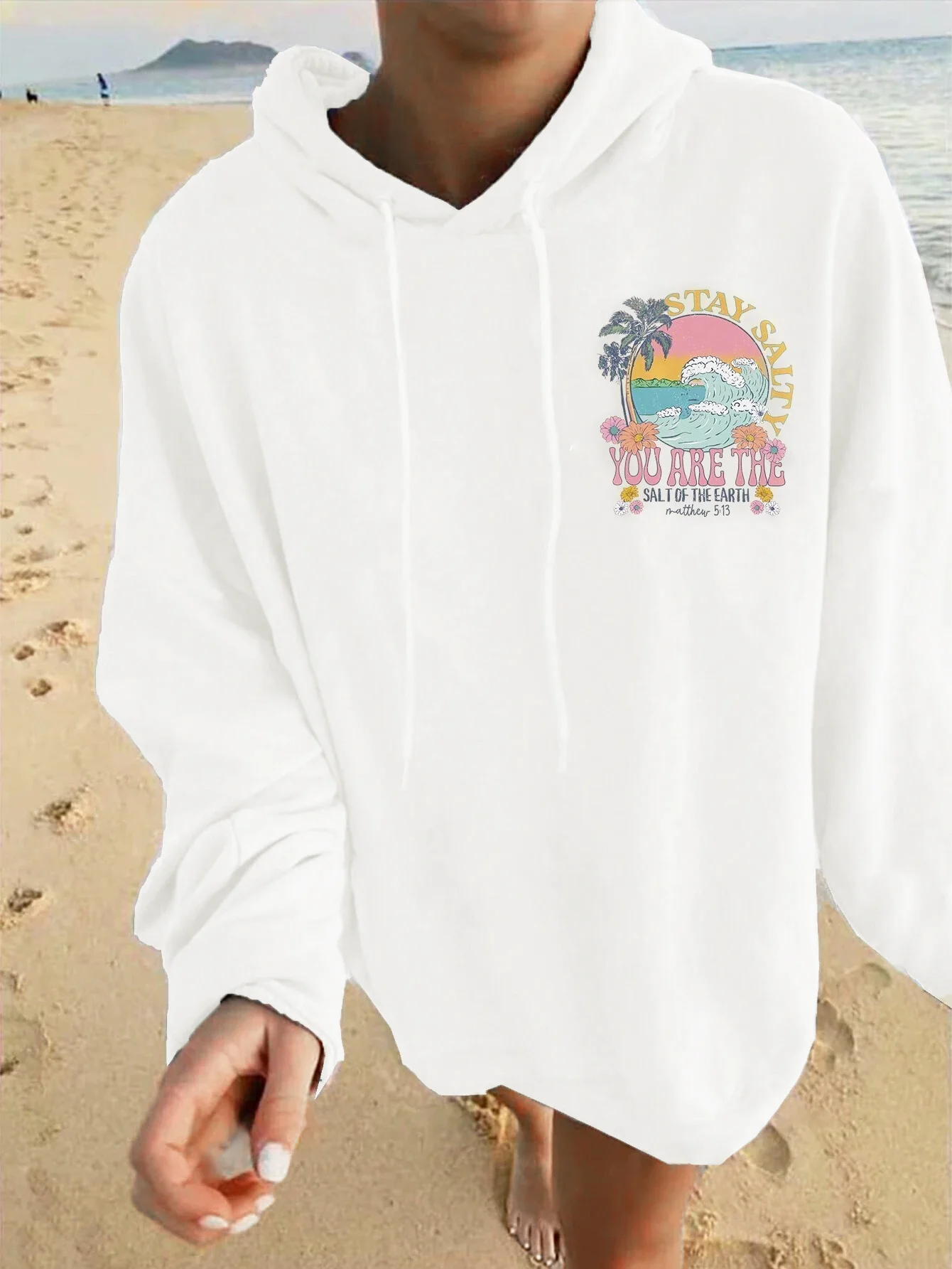 Ocean coconut tree printed women\'s hoodie fashion design loose casual versatile women\'s clothing autumn/winter fleece hoodie