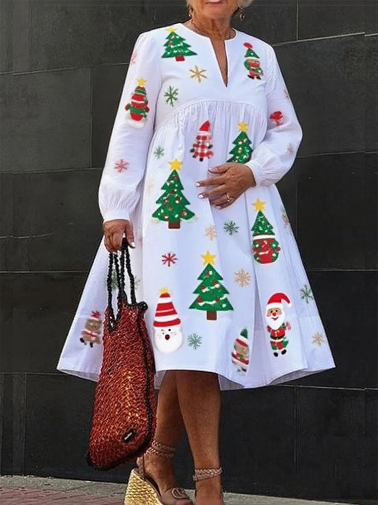 

2026 New Plus Size Christmas Themed Printed Elegant Party A-line Dress For Women Long Sleeves Loose Pleated Evening Midi Dresses