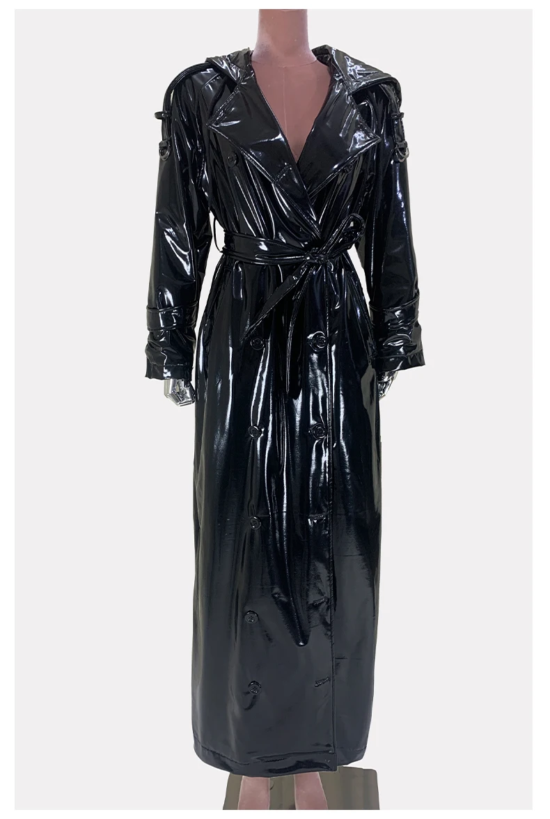 Nerazzurri Autumn Extra Long Shiny Black Soft Patent Pu Leather Trench Coat for Women with Hood Double Breasted European Fashion