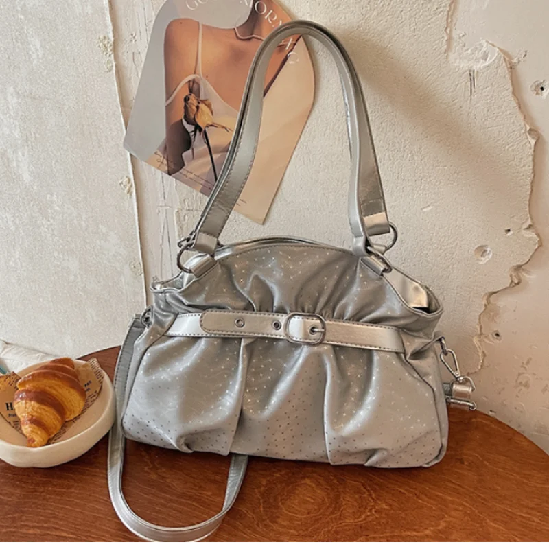 

Korean Star Pattern Pleated Shoulder Bag Niche Sparkly Design Handbag With Belt Buckle Cute Sweet Large Capacity Tote Bag