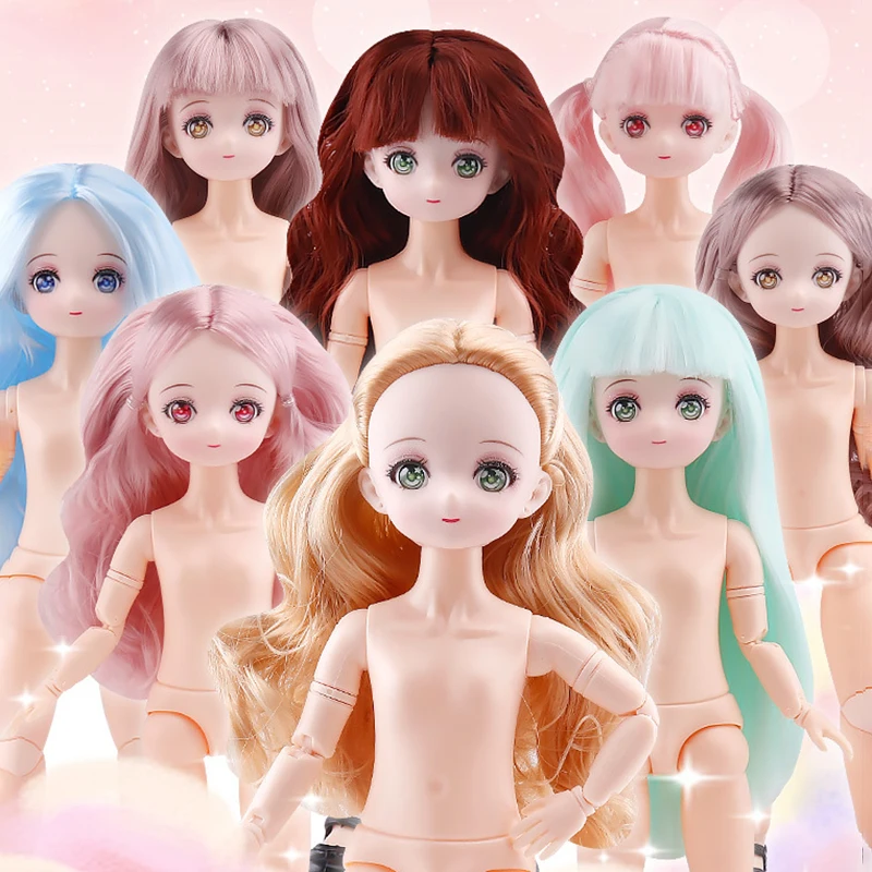 1/6 30cm Manga Face Anime Eyes Nude ​Doll Girl Body With Head Brown Golden Long Hair Bjd Doll 3D 4D Eyes 23 Movable Joints