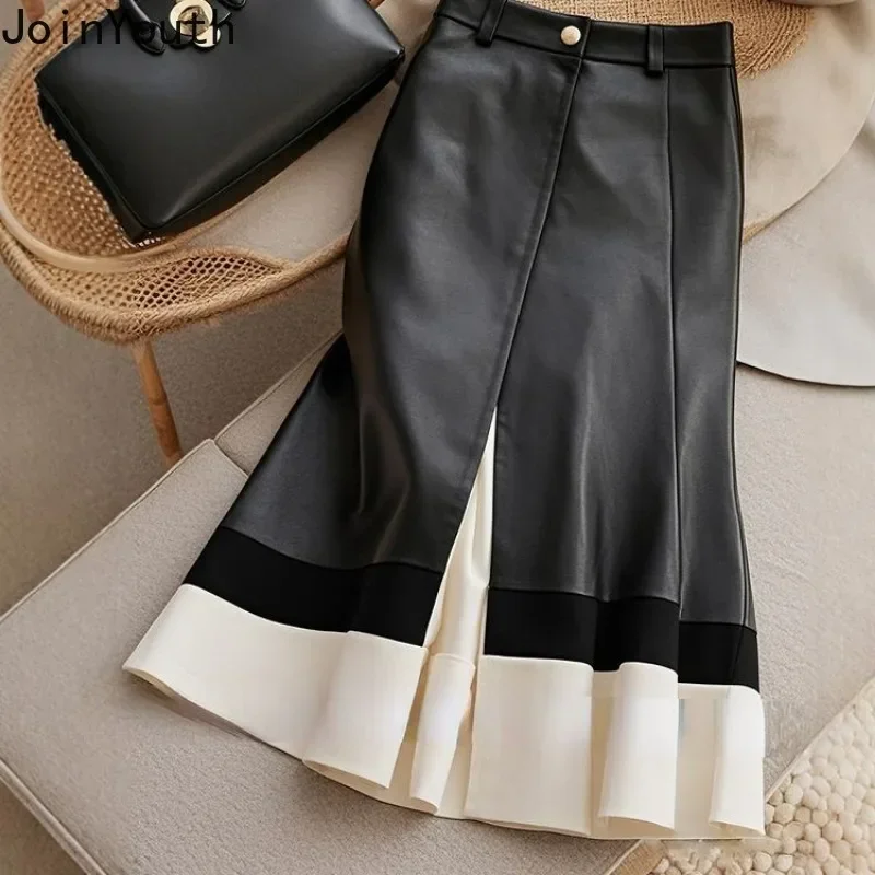 Leather Skirt Women Temperament Jupe Hig Waist Patchwork Ruffles Tunic Saia 2024 Faldas Mujer De Moda Vintage Bodycon Skirts