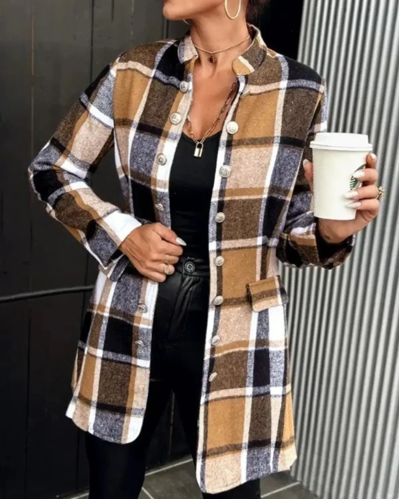 

Plus Size 1XL-5XL Women Fashion Plaid Printing Coat Ladies Casual Autumn and Winter Long Sleeve Button Mock Neck Tunic Jacket