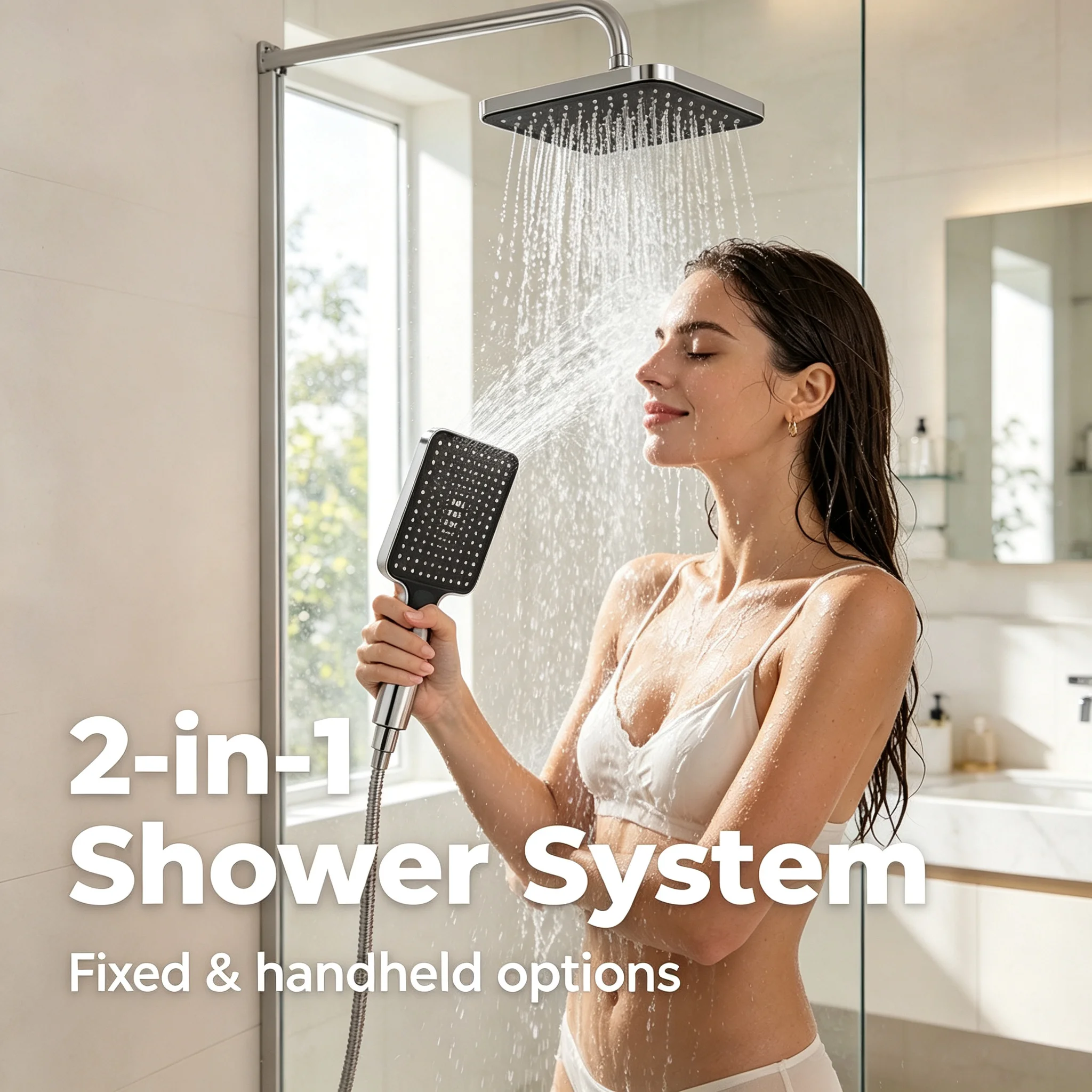 Black Square Shower System 300mm Rainfall Top with Handheld Spray High Pressure 3 Modes Hand Shower Set Wall Mount ABS Plastic