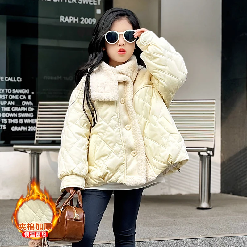 سترة قطن مبطنة خفيفة الوزن ملابس خارجية شتوية دافئة للفتيات 2025 جديد عصري طالب خليط الخبز النمط الكوري الإصدار 4-14Y