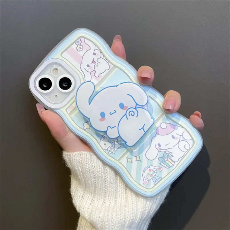 Kawaii Cinnamoroll Bracket Silicone Curly Wave Phone Case For IPhone 11 13 7 8 Plus 16 Pro Max 15 12 14 XR Mini Soft Shockproof