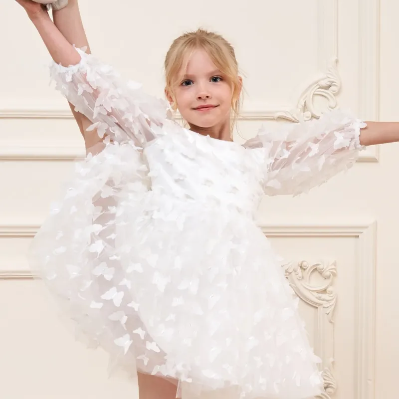 Fashion Baby Girl Princess Butterfly Tulle Dress Puff Sleeve Child Tutu Vestido Pageant Party Birthday Baby Clothes 1-12Y