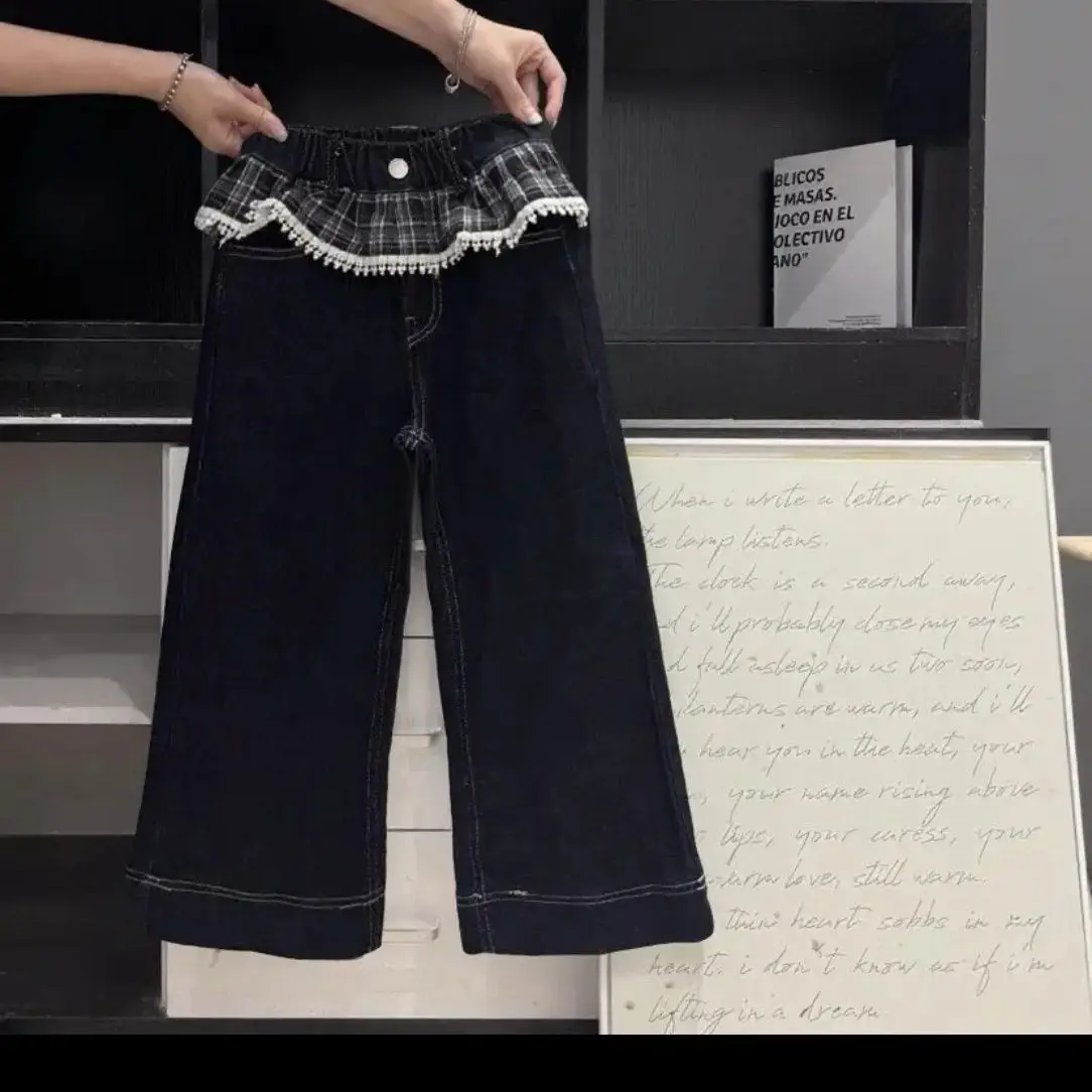 Girls' jeans autumn collection new mid size children's casual pants spring and autumn elastic wide leg pants