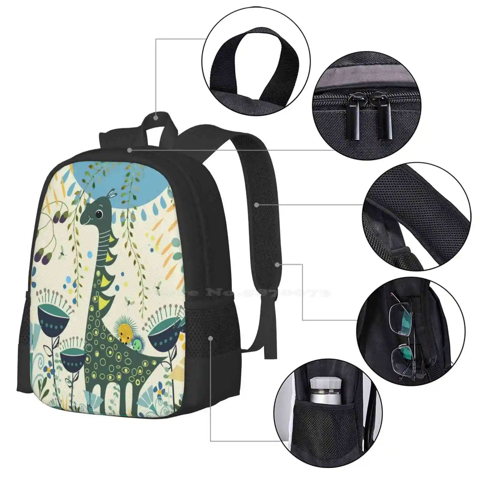 Little Dino Teen College Student Backpack Pattern Design Bags Dino Flowers Childeren Blue Green Nature Garden