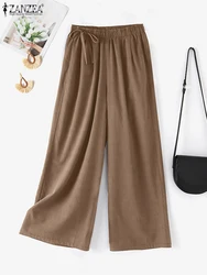 ZANZEA Women Casual Loose Cotton Wide Leg Pants Fashion Elastic Waist Lace-Up Solid Color Trousers 2024 Summer Commute Pantalon