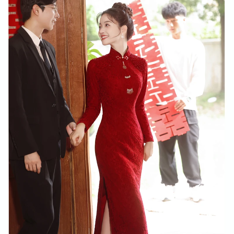 

Red Long Sve Wedding Dr Vintage Sle Fitting Skirt for Bride Chinese Wedding Qipao Suit Return Door Ceremony Dr