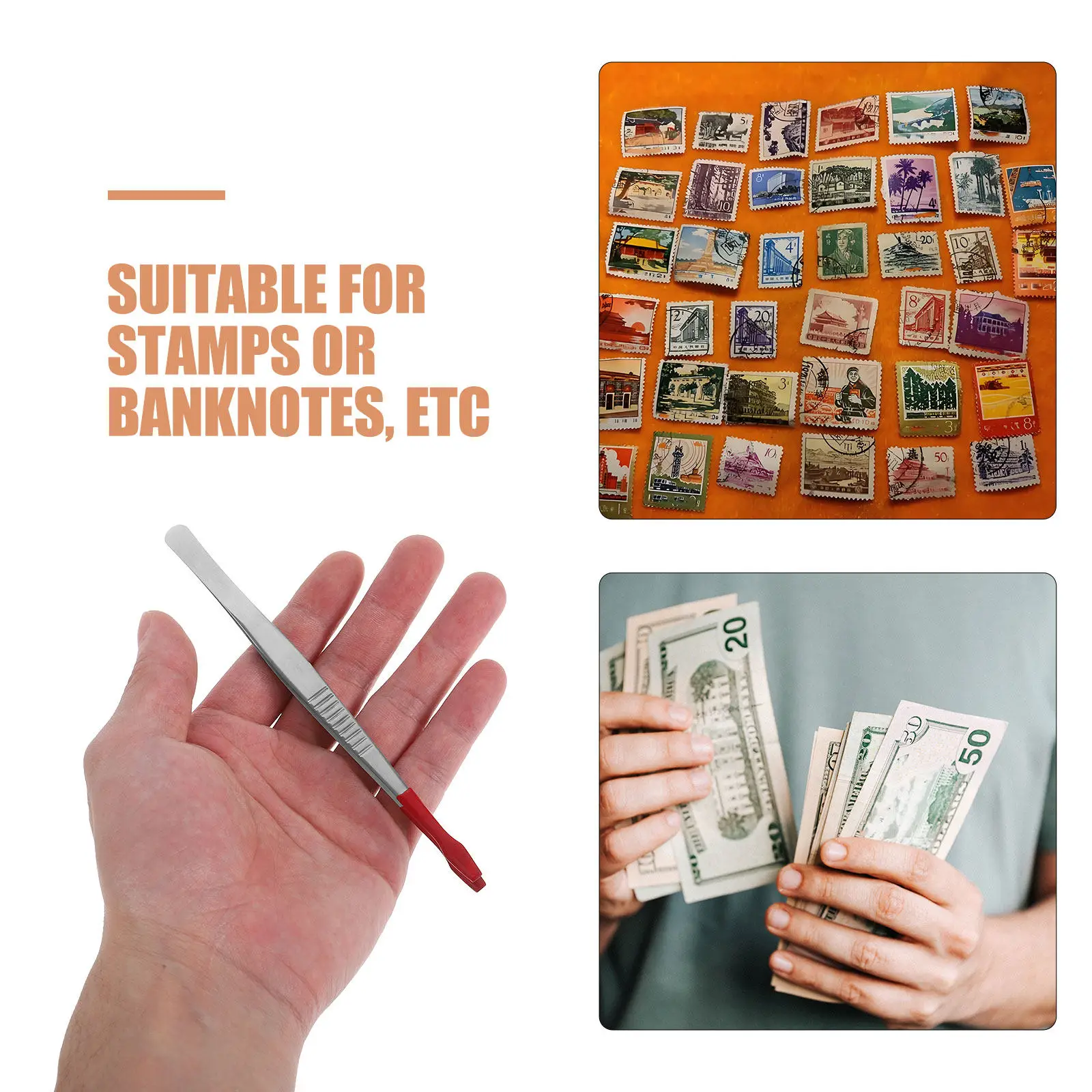 Rubber Tip Stainless Steel Tweezers Flat Angled Jaw Width for Stamp Collecting Coin Handling Paper Money Collector Essential