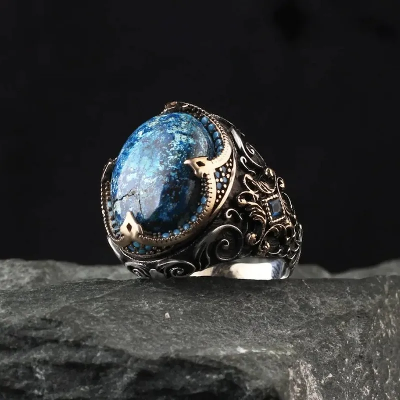 Gothic Vintage Pattern Carving Blue Stones Rings for Men Masculine Cool Silver Finger Bands Party Hiphop Unique Accessory 4