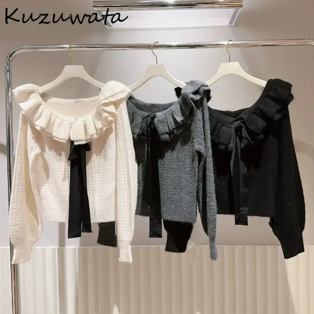 Kuzuwata Fresh Commuter Slash Neck Lantern Sleeve Pullover Ruffles Sweet Lace Up Knit Minority Jumper Japan New Twist Pull Femme