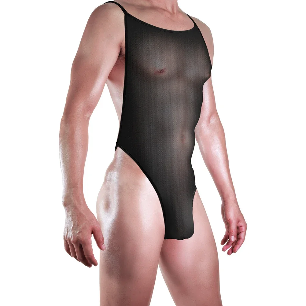 Sexy Men Sheer Mesh See Through Bodysuit Erotic Lingerie Sleeveless Hollow Out Backless Open Butt Leotard High Cut Jumpsuit