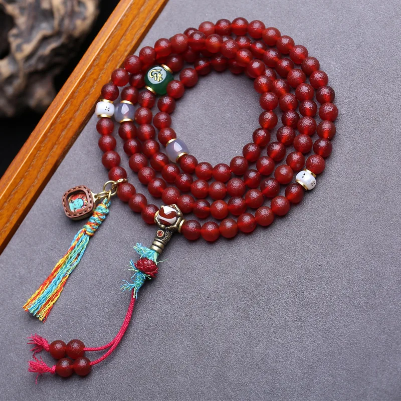 South Red Agate 108-Bead Buddhist Prayer Necklace With Green Tara Tassels, Tangka Style, And Pearl Side Pendants