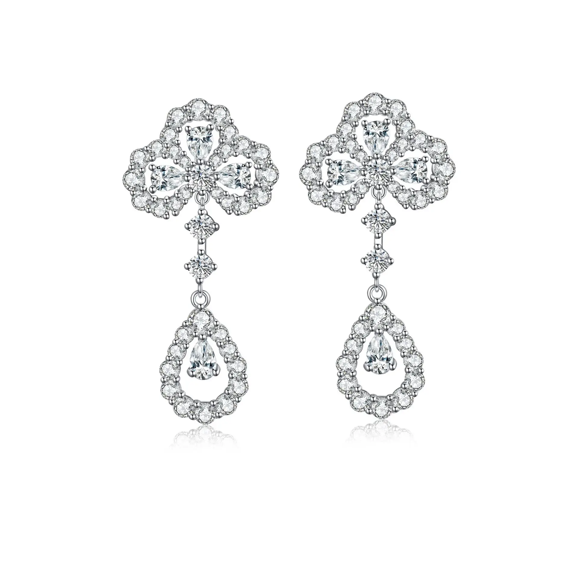 

S925 sterling silver four-leaf clover stud earrings fringed ear hanging high-end versatile full diamond celebrity model