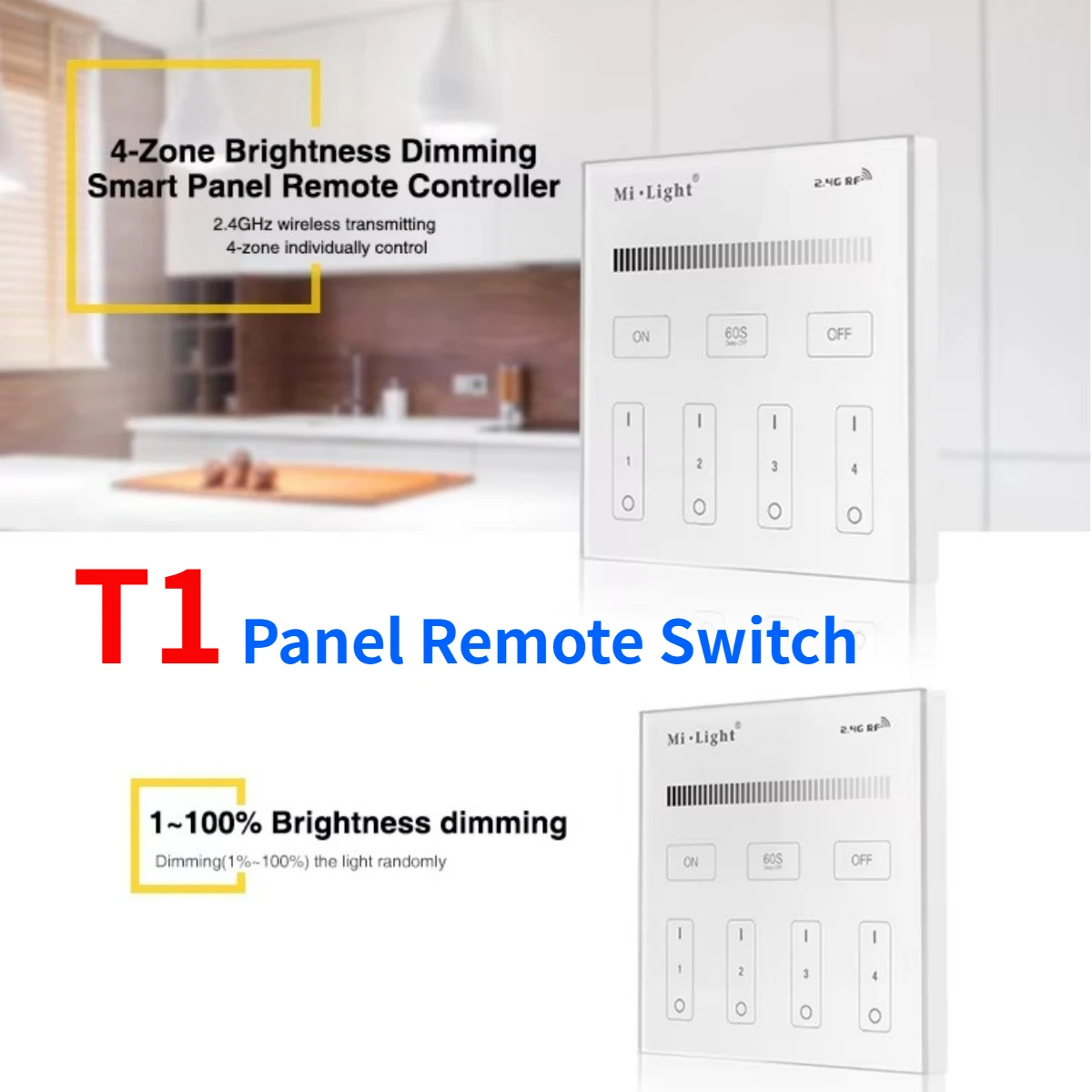 

MiBoxer T1 2.4GHz 4Zone 86Touch Panel Remote Switch Controller Single Color Brightness Adjustable For LED Lamp/Strip AC100-240V