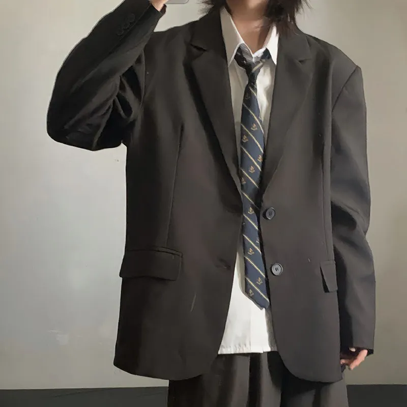 Black Casual Men's Suiting Set Interview Graduation Loose Japanese Style DK Uniforms Standard Fit Fashion Urban Long Sleeve
