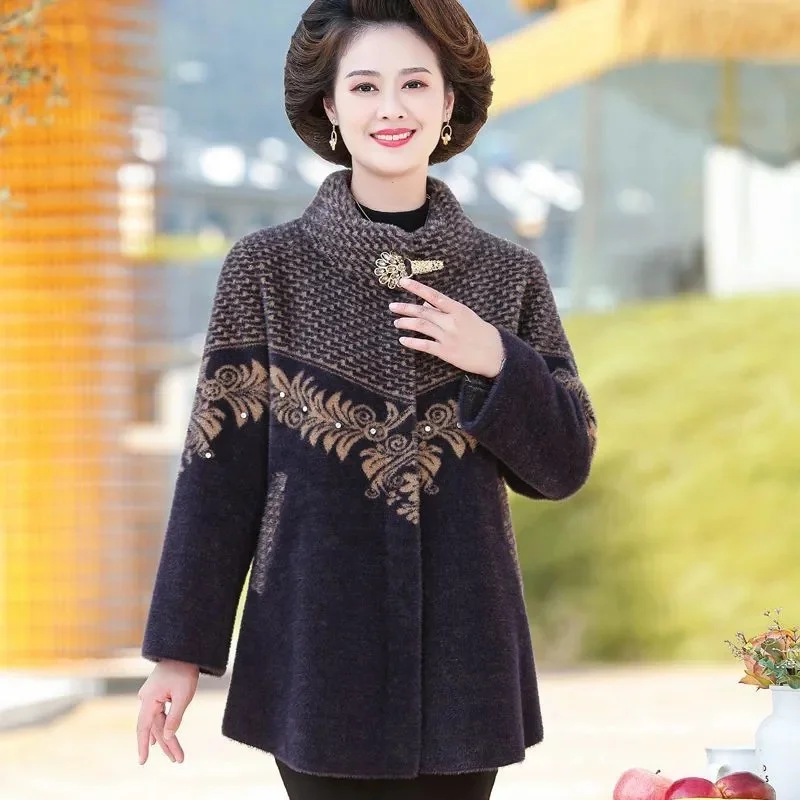 

Mom's New Mink Fur Jacket Women Autumn Winter Thick Cardigan Fashion Woolen Coat Large Size Middle-Aged Elderly Outerwear Ladies