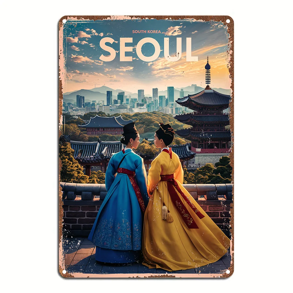 Vintage Seoul Cityscape iron Foil Carved Wall Art, Traditional Korean Attire Design, for Cafe, Kitchen, Club, Bar, Home D