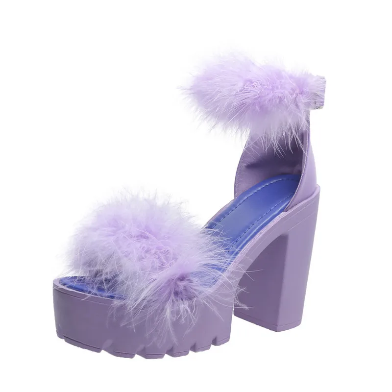 2024 Europe and the United States summer high heels fluffy women\'s shoes wish thick heel platform sandals