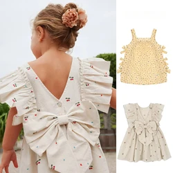 Summer KS Children's Clothing Baby Girls Cherry Bow Princess Dresses Toddler Girls Casual Flower Slip Dress Kids Cotton Clothes