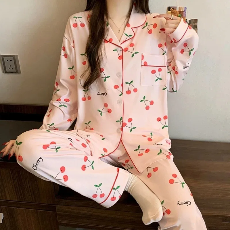 Sweet Cute Korean Style Cherry Letter Print Women's Pajamas Set Causal Homewear 2PCS/Set Women Lapel Neck Long-Sleeved Pajamas