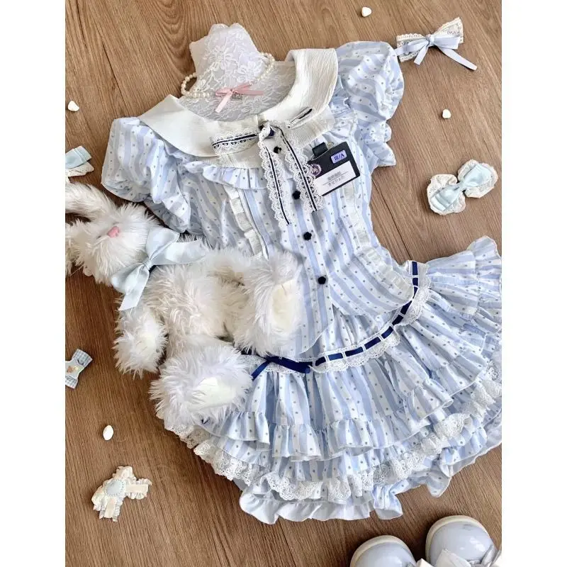 

Sweet Japanese Lolita Blue Polka Dot Puff Sleeve Blouse Skirt Set Soft Girl Kawaii Academy Style Lace Ruffle Outfit Cute Summer
