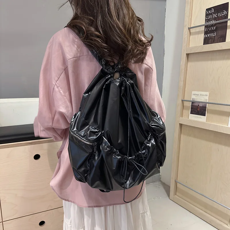 New Womens Large Capacity Drawstring Pleated Backpack Glossy Waterproof Nylon Shoulder Bag Travel Lightweight Fashion Knapsack