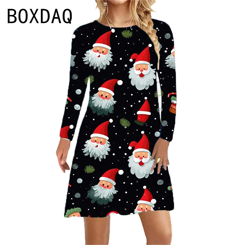 Autumn Winte New Women Christmas Dress Long Sleeve O-Neck Casual Loose Tops 3D Fun Santa Claus Print Dress Vestidos De Mujer