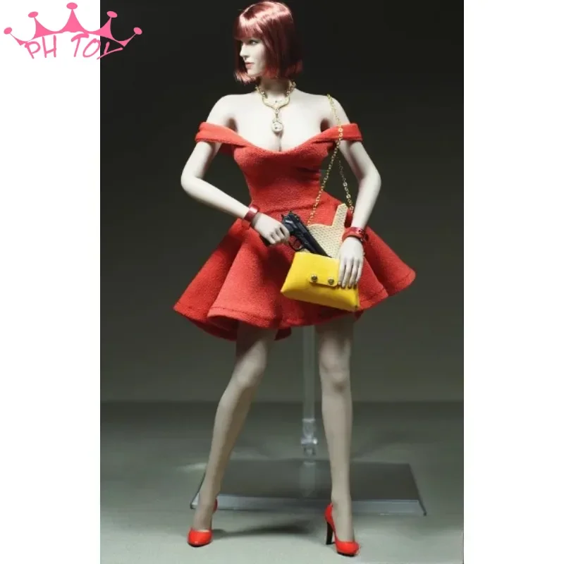 Customized 1/6 Scale Female Soldier Orange-Red Dress Flared Skirt Handbag Model for 12in Action Figure Toy Phicen JIAOUL Doll