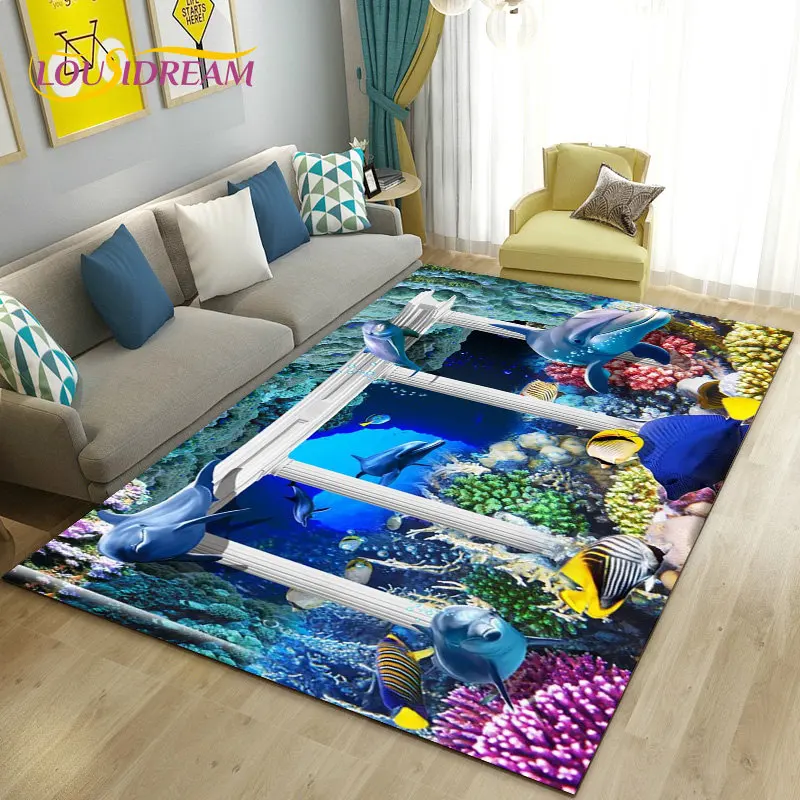 ثلاثية الأبعاد الوهم تحت الماء العالم قاع البحر دولفين القرش منطقة البساط ، السجاد البساط لغرفة المعيشة غرفة نوم أريكة ممسحة عدم الانزلاق الكلمة حصيرة