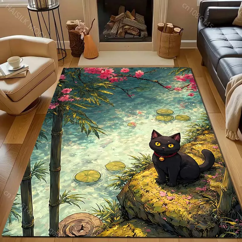 Black cat stream cherry blossoms Pattern Rug Carpets for Bedroom Living Room Sofa Mat Creative Door Mat Cloakroom Home Decor