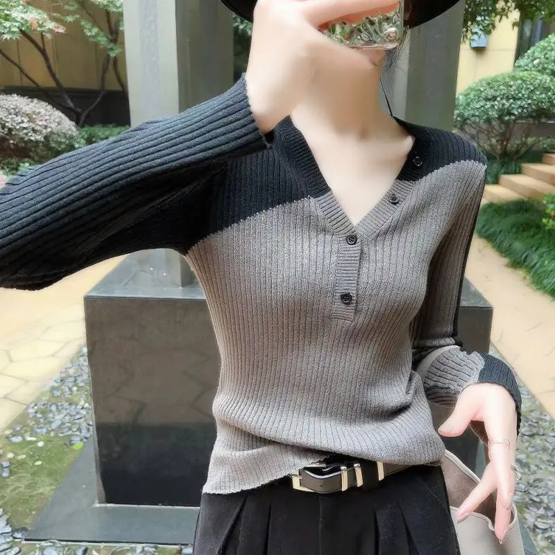 Autumn Winter Women Contrast Color Elegant Basic Knitwear Sexy V Neck with Button Knitted Sweater Long Sleeve Slim Pullover Tops