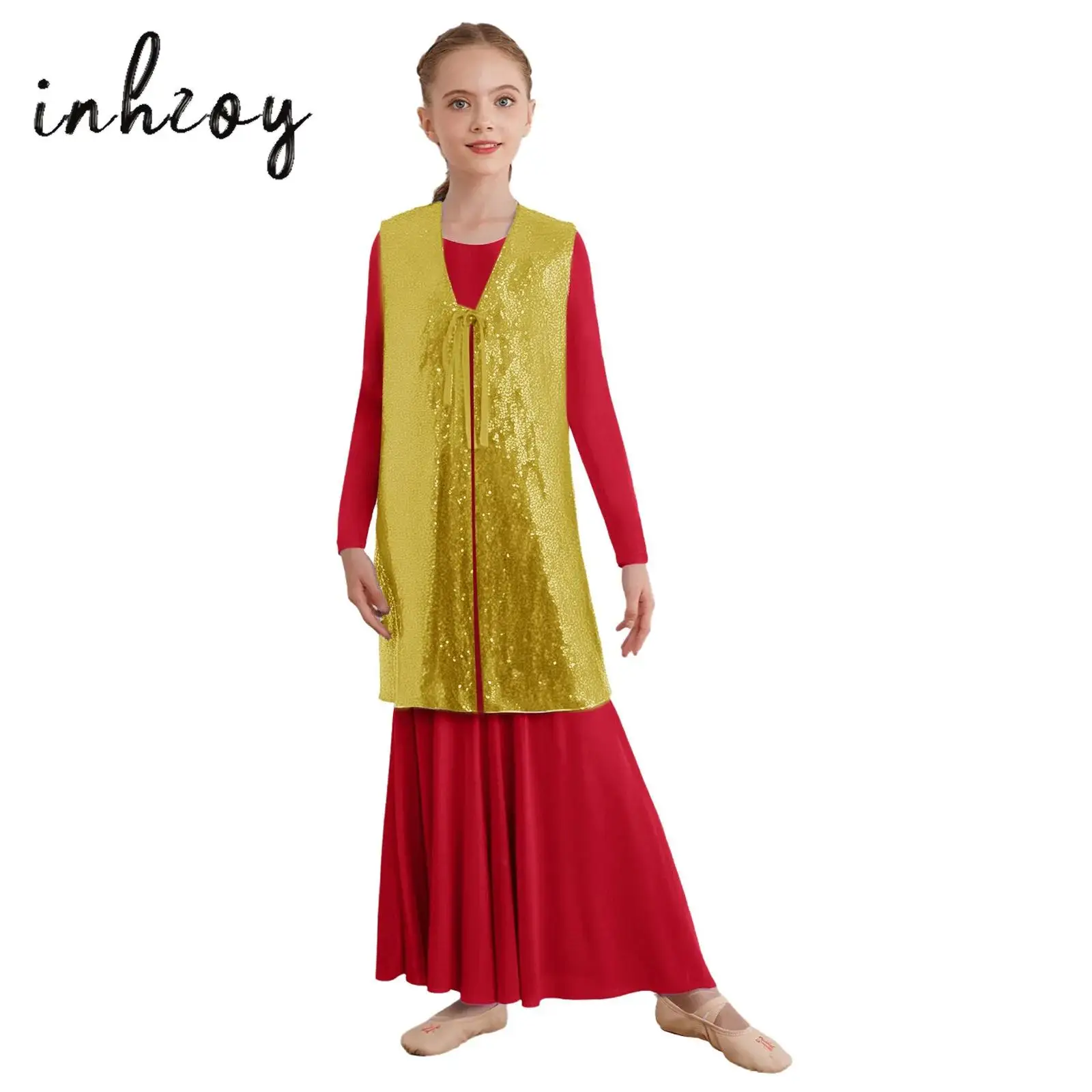 

Kids Girls Liturgical Praise Dance Outfit Open Front Self-Tie Sleeveless Split Shiny Sequins Tunic with Long Sleeve Robe Dress