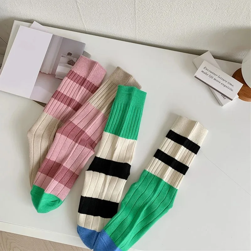 Retro Women\'s Socks Korean Style New Novelty Cotton Casual Mixed-Color Japanese Fashion AB Socks Comfort Striped Socks For Girls