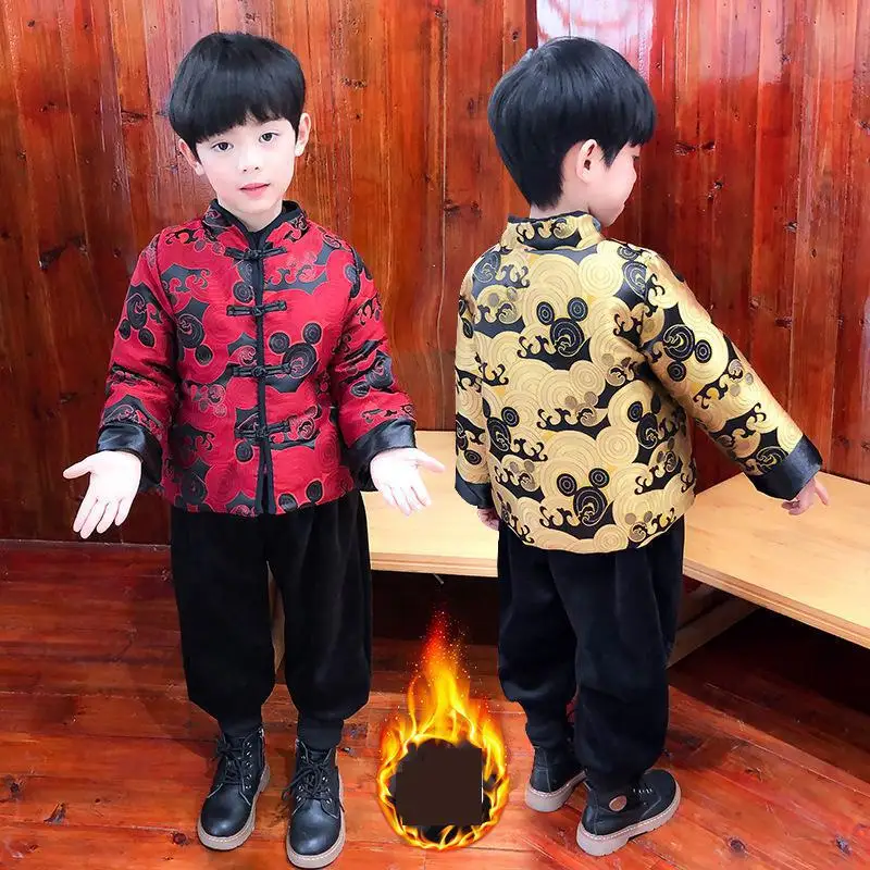 

Boys Winter New Chinese Style Ancient Retro Button Hanfu Thick Warm New Year Greeting Tang Suit Sets Cartoons Role Play Clothes