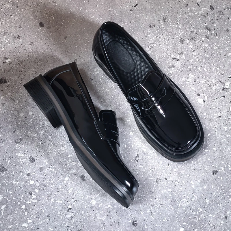 Man Square Toe Bright Patent Leather Penny Loafers Thick Sole Slip On Shoes Men Fashion Streetwear Casual Dress Shoes Big Size