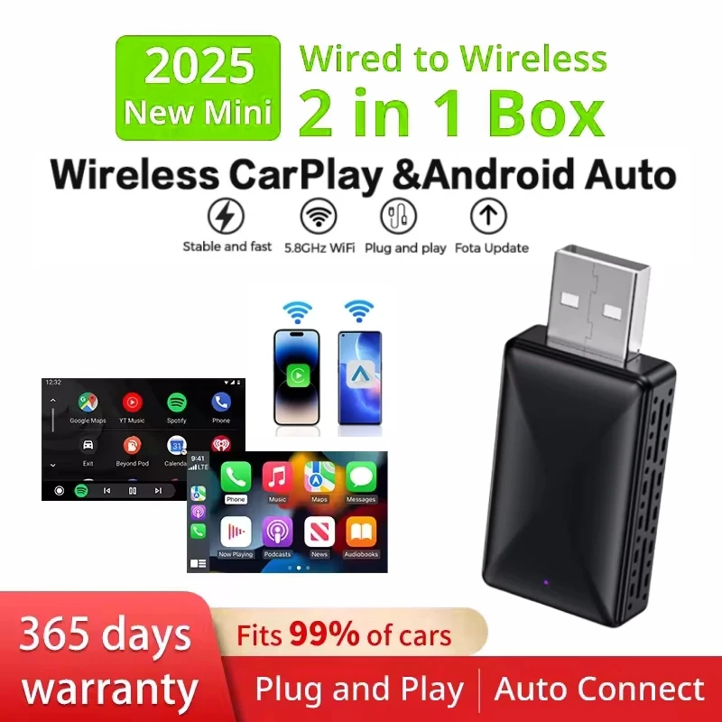 New Mini wired to wireless CarPlay & Android Auto 2in1 adapter is suitable for 99% of original cars with wired carplay/auto
