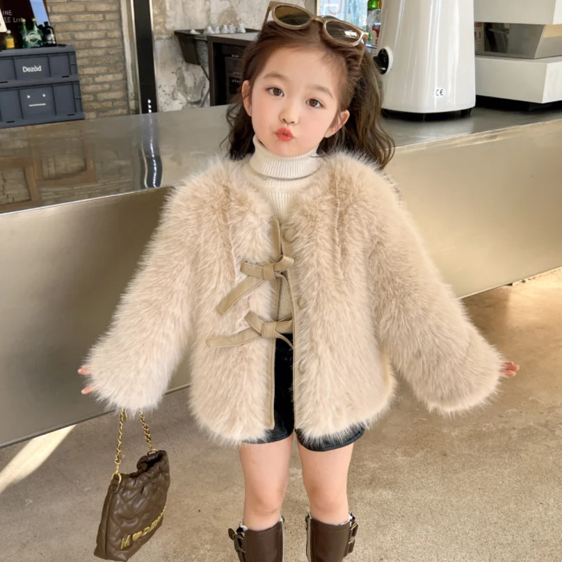 Winter Childent Loose Cute Bow Coat Thick Warm Jacket Cotton Girls Jacket Casual Artificial fur Outwear Clothing Outwear