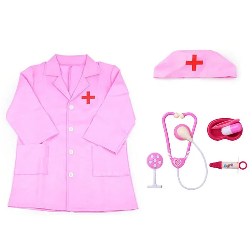 Kids Scrubs Uniform Boys Girls Surgeon Halloween Cosplay Costume Surgical Veterinary Lab Coats Gown Hat Pink Tools Accessories