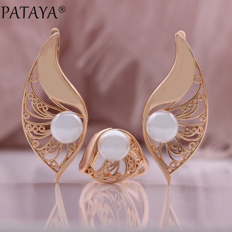 PATAYA New 585 Rose Gold Color White Pearls Zirconia Earrings Ring Sets Fashion Jewelry Earrings for Women Party Gift Sets