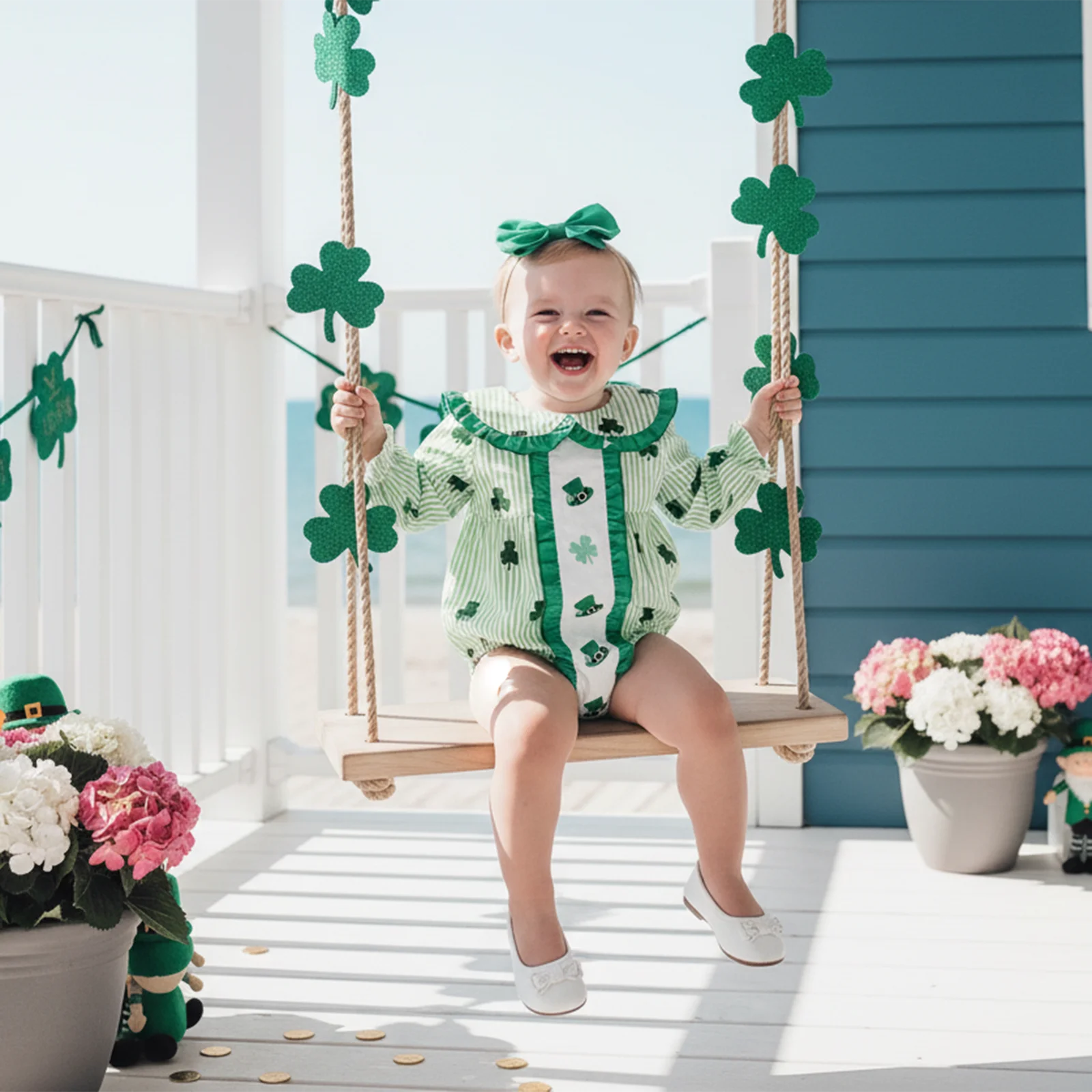 

Весенняя одежда для маленьких девочек, платье/комбинезон с длинными рукавами и длинными рукавами в полоску трилистника с оборками и повязкой на голову с бантом